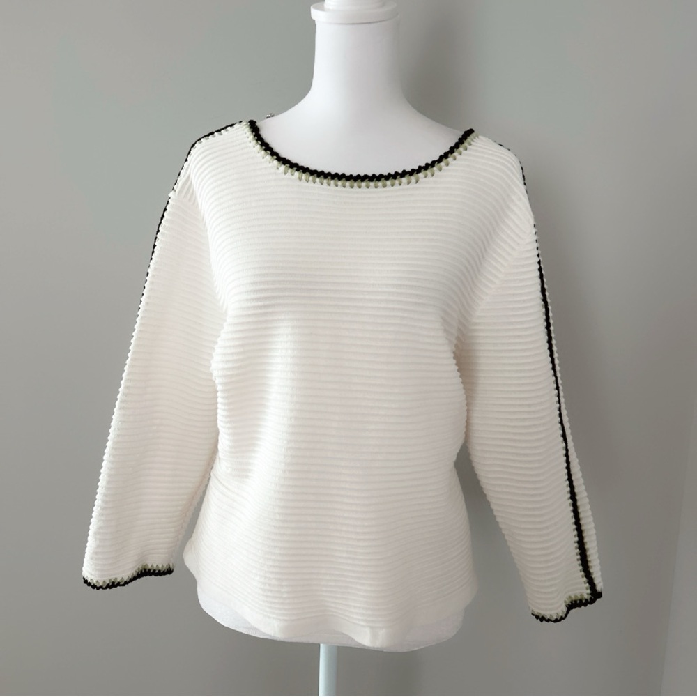 NIC+ZOE Ivory Ribbed Knit Sweater Pullover Chic Minimalist sz L